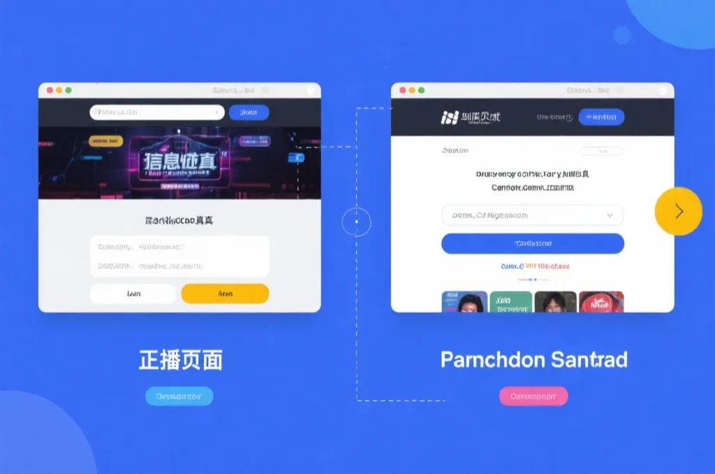 直播页面真假对比示意图，展示正规页面与仿冒页面在域名、按钮和版权信息上的差异