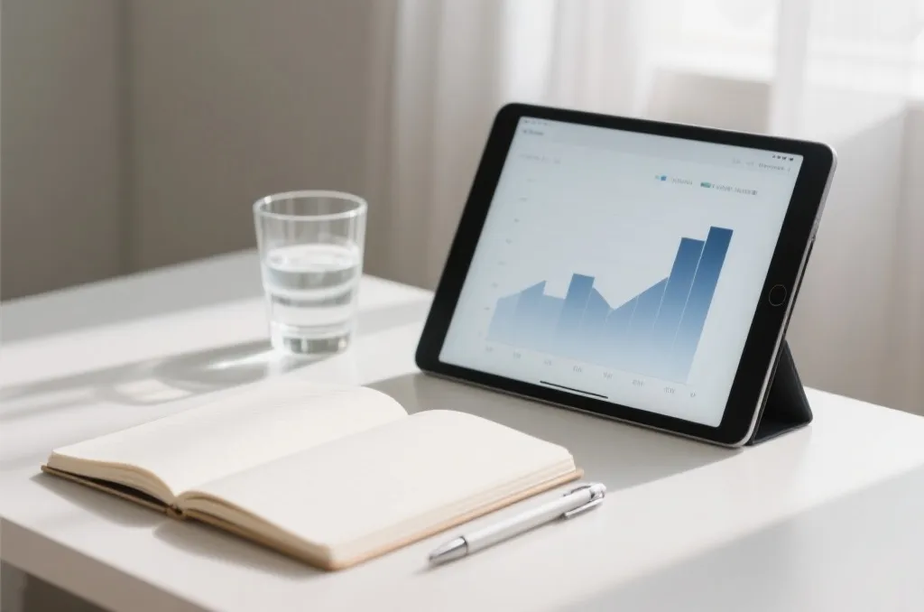 A calm workspace with a clean open notebook, a sleek pen, a glass of water, and an abstract digital tablet displaying clean statistical charts, soft natural light